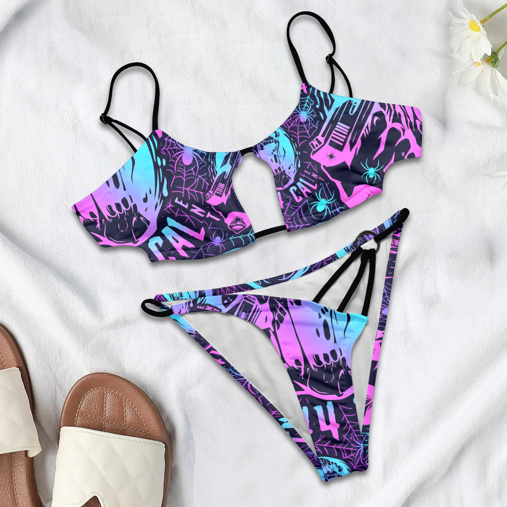 Neon Blue pink purple 44cal skull bikini